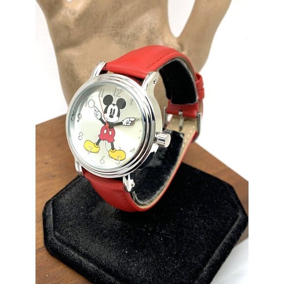 Disney Mickey Mouse Women's Watch Silver Tone Case 38mm Red Leather Band… - Picture 14 of 14